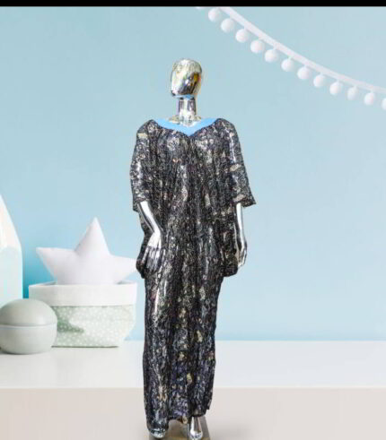 Nkem Collection: Abaya Kaftan with V-Neck Design and Blue Bead Embellishments