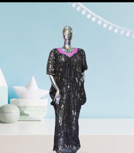 Nkem Collection: Elegant Abaya Kaftan with purple Bead Embellishments and a Chic Neckline