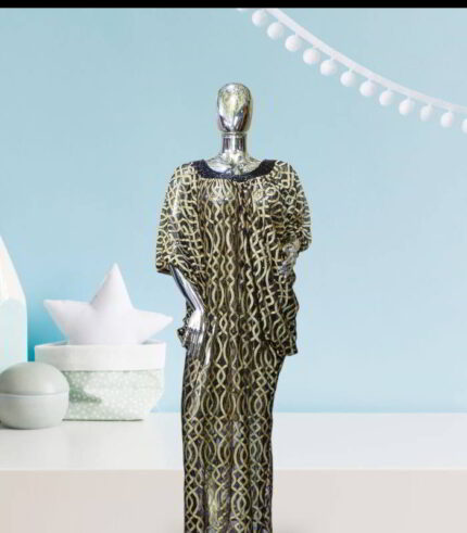 Nkem Collection: Stunning Gold Net Abaya Kaftan with Black Bead Accents