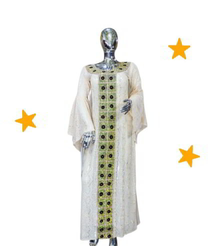 Omooba Collection: Ivory Illumination Kaftan - Handcrafted Embroidery and Shiny Stones