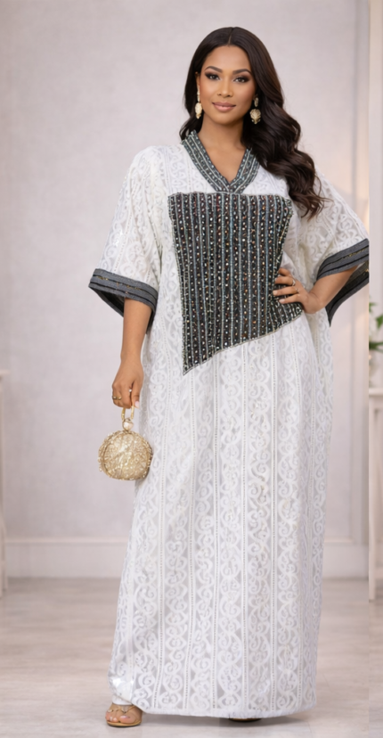 Amarachi Boubou Kaftan: Embroidered Glam with Mesmerizing Gemstone Accent